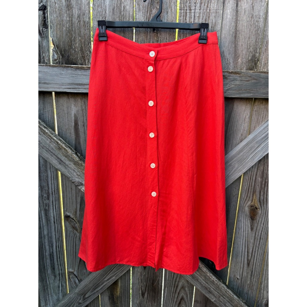 Loft Red Linen Blend Button Front Midi Skirt Womens 10 A-Line 527269